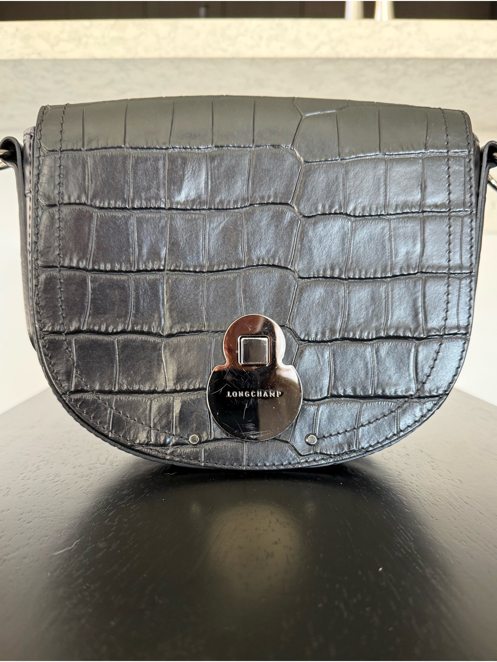 Longchamp Cavalcade Small Black Croc-Embossed Leather Crossbody Bag